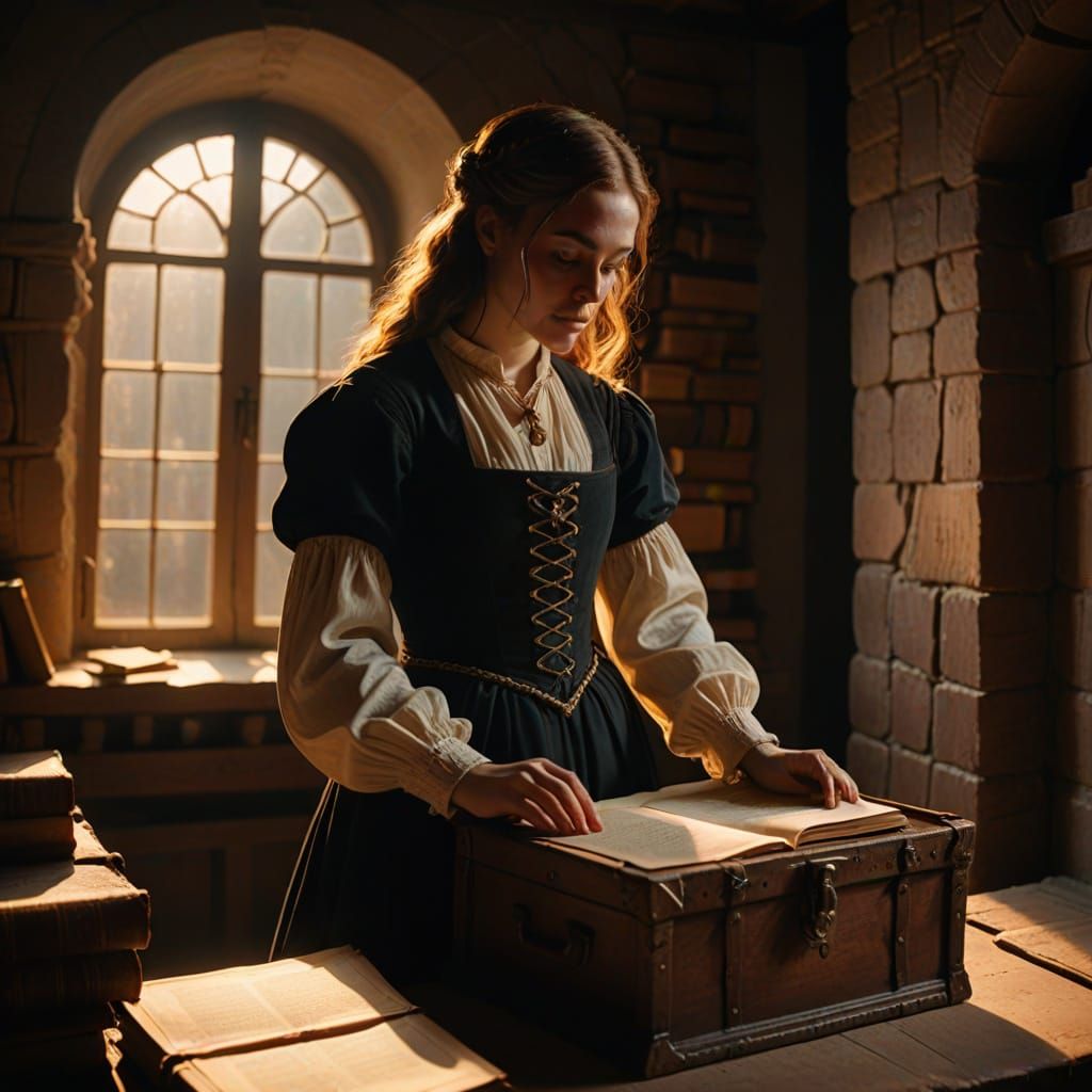 Girl Opens Trunk in Sunlit Attic: Renaissance Portrait