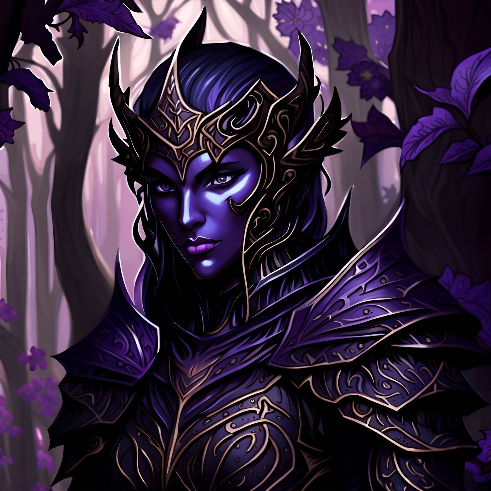 Dark Elf Knight in Violet Forest, Digital Art