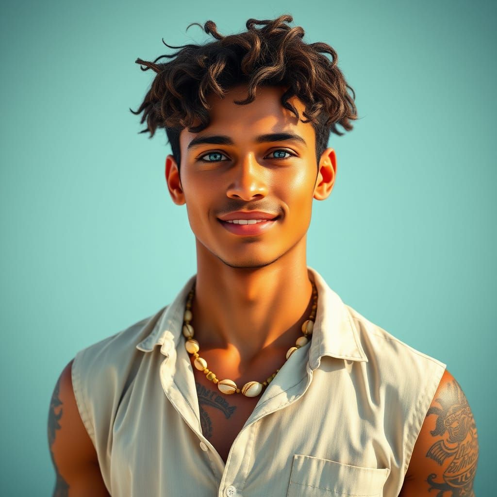 Maldivian Surfer Boy with Sparkling Eyes and Tattooed Arms