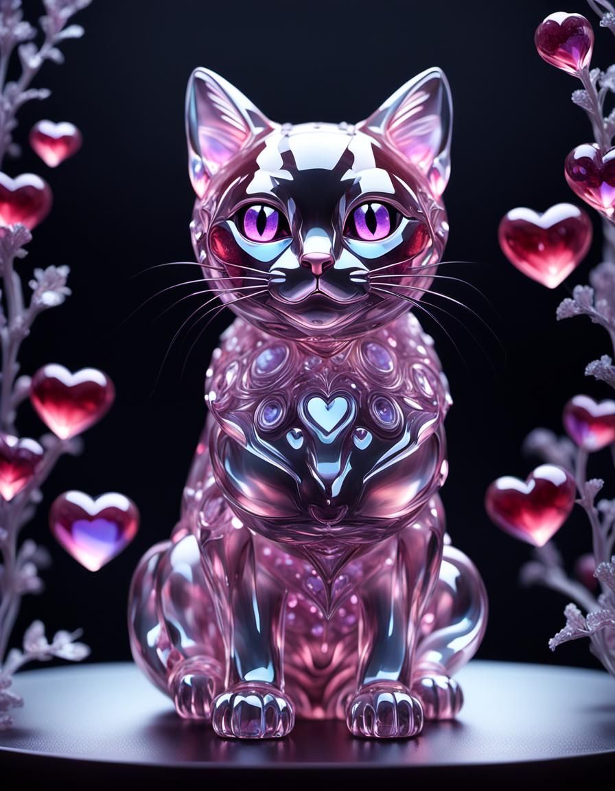 Bioluminescent Crystal Cat Sculpture in Magical Forest