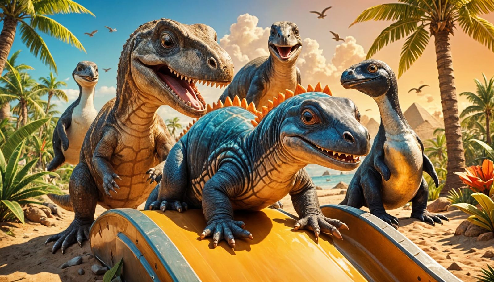 Dinosaur Slide With Galapagos Penguin and Egyptian Tortoise