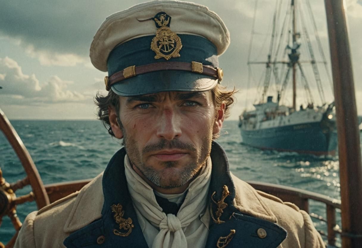 Young Sea Captain at Helm in Golden Light