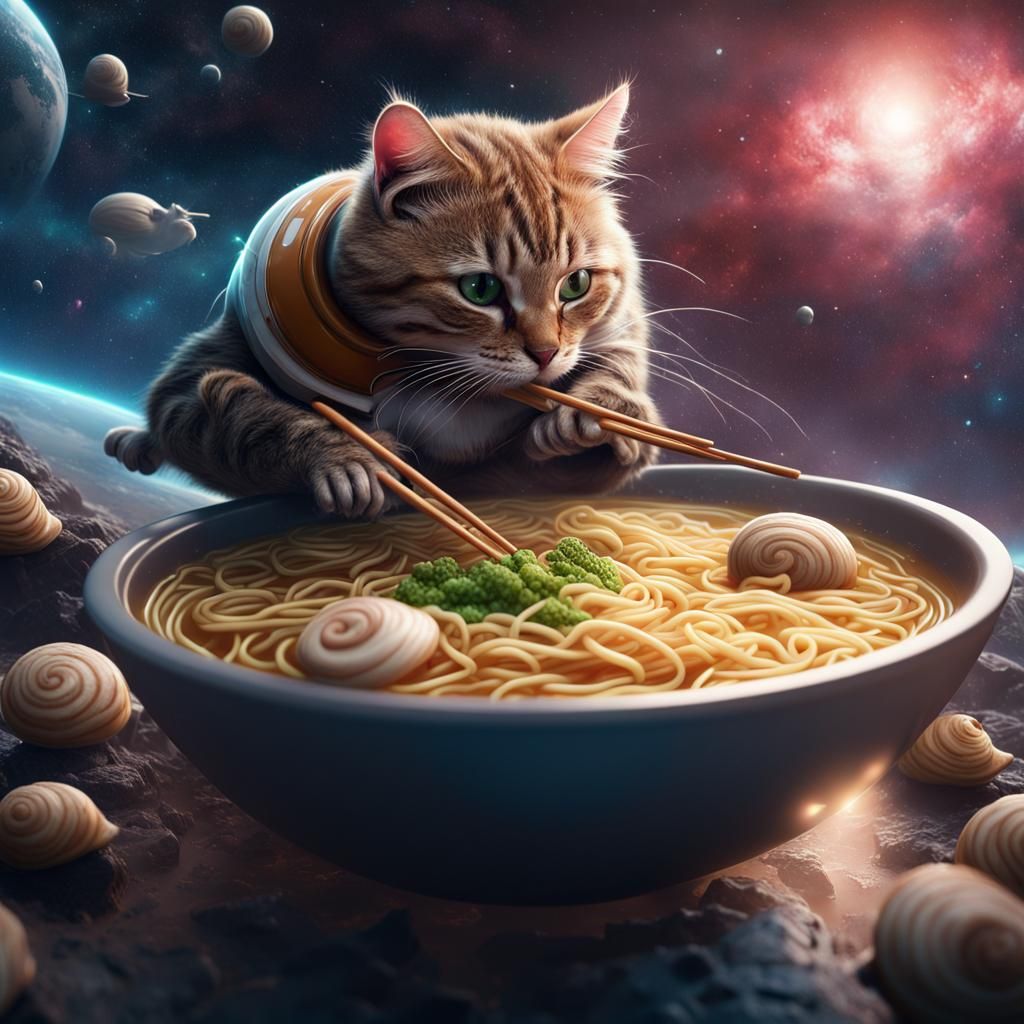 Snail Cat Eats Ramen in Space: Digital Art