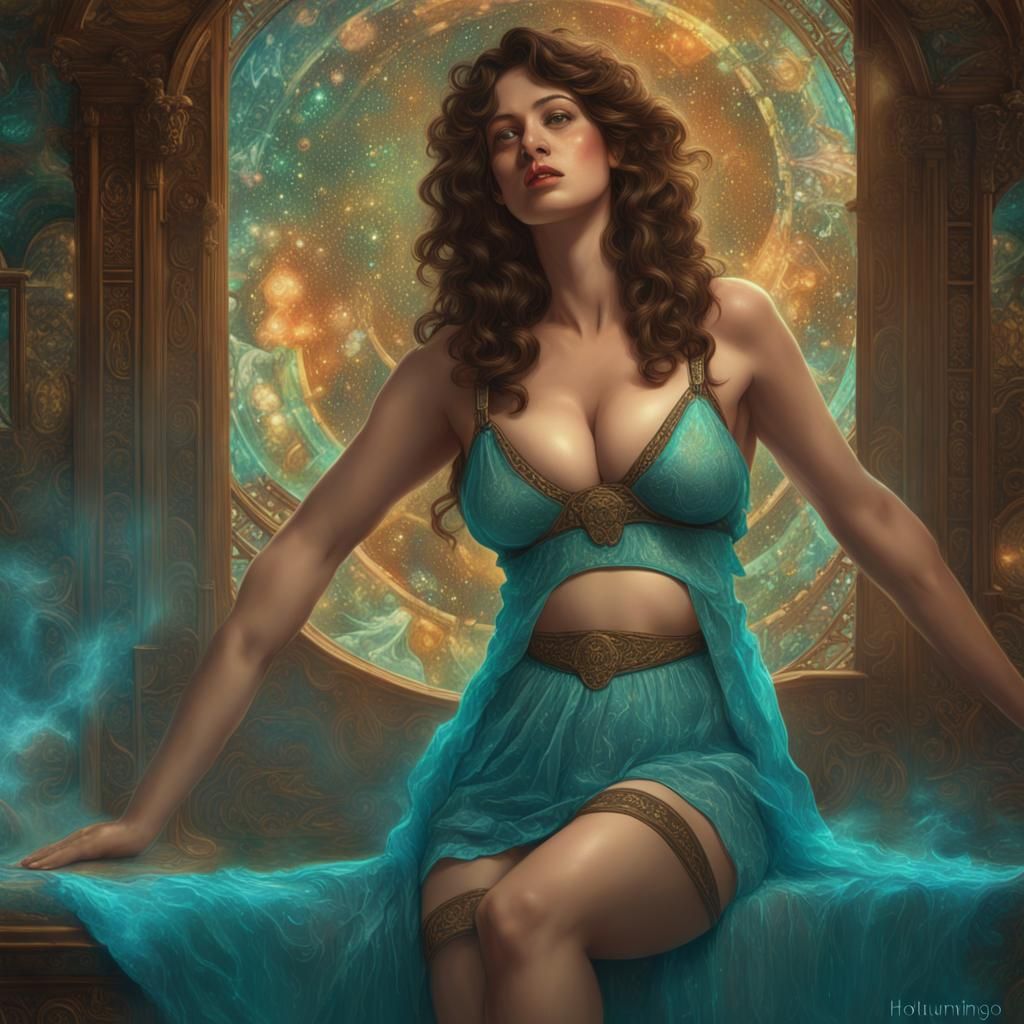 Brunette in Turquoise Negligee: Alma Tadema Style