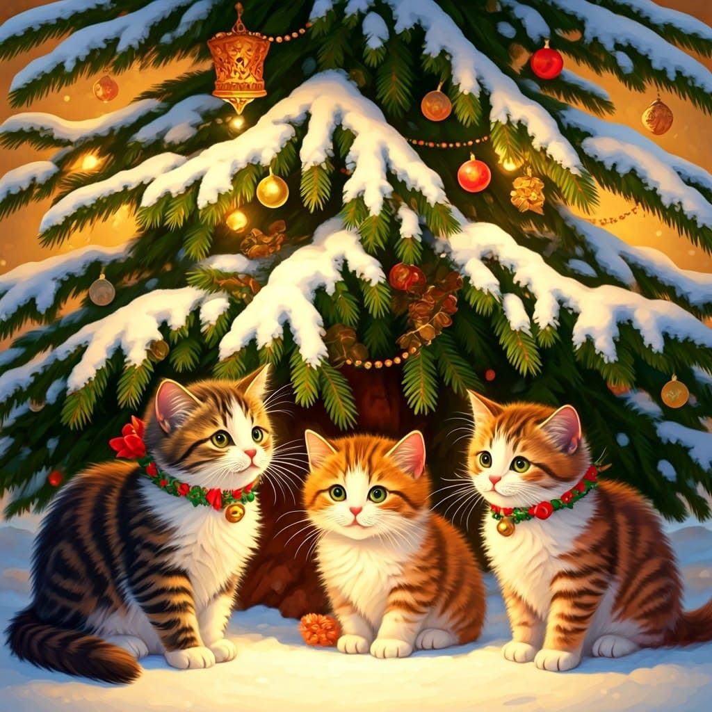 Festive Cats Under Christmas Tree in Americana Style