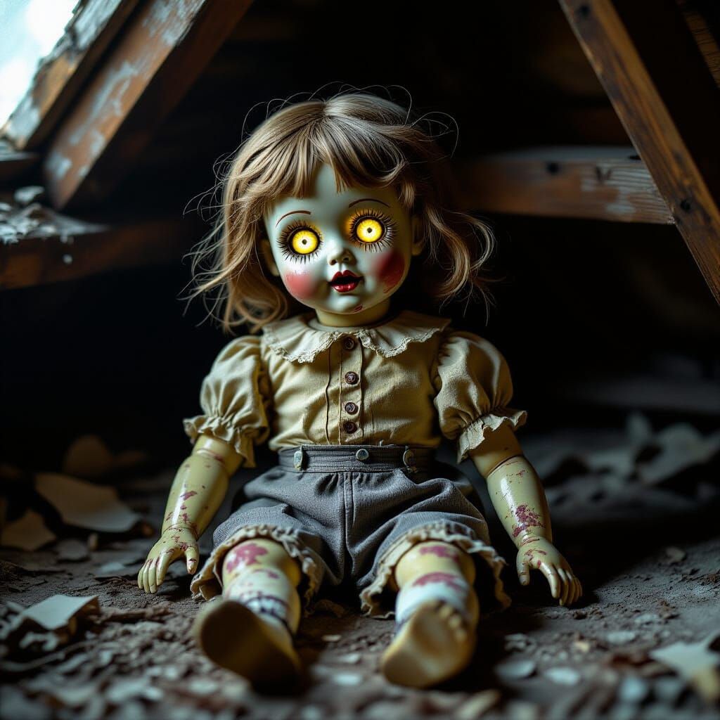 Creepy Porcelain Doll in Dusty Attic, Gothic Illustration St...