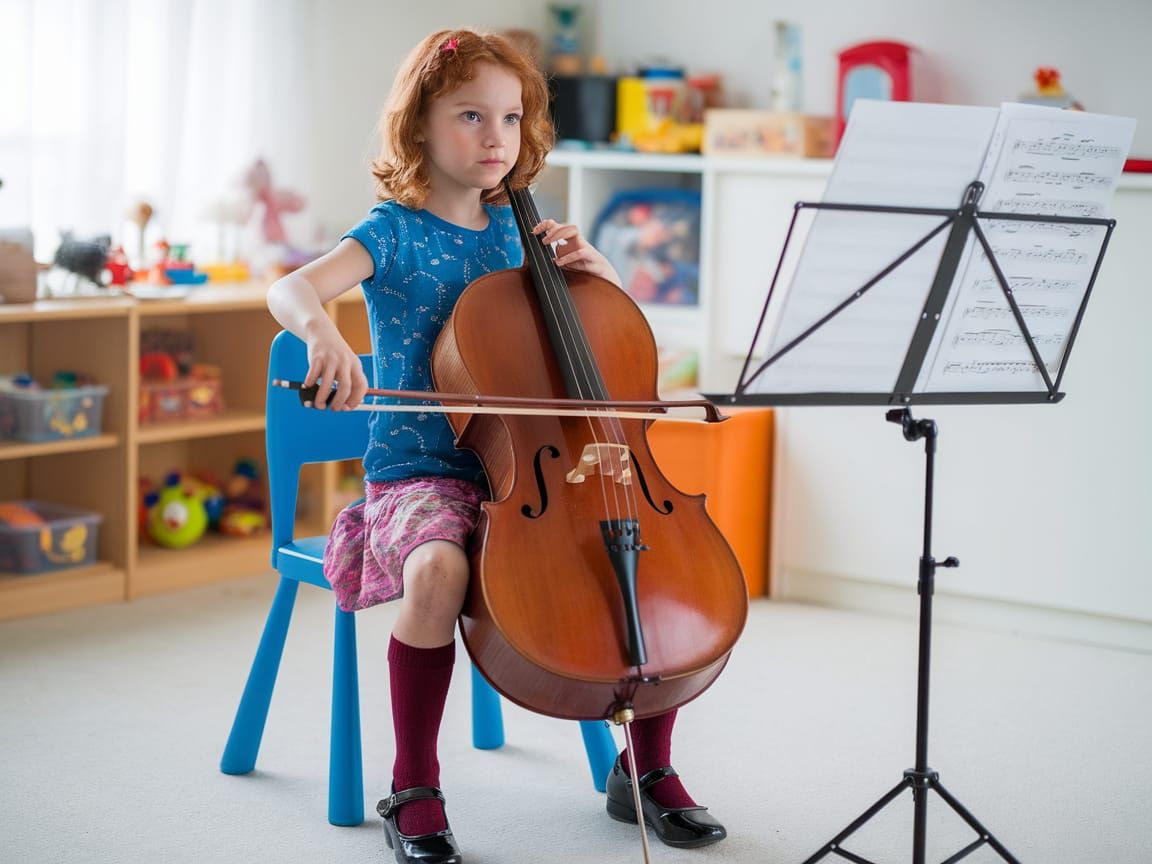 Girl Plays Cello in Music Room