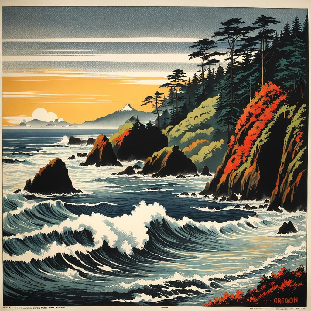 Oregon Coast Japanese Lithograph Print