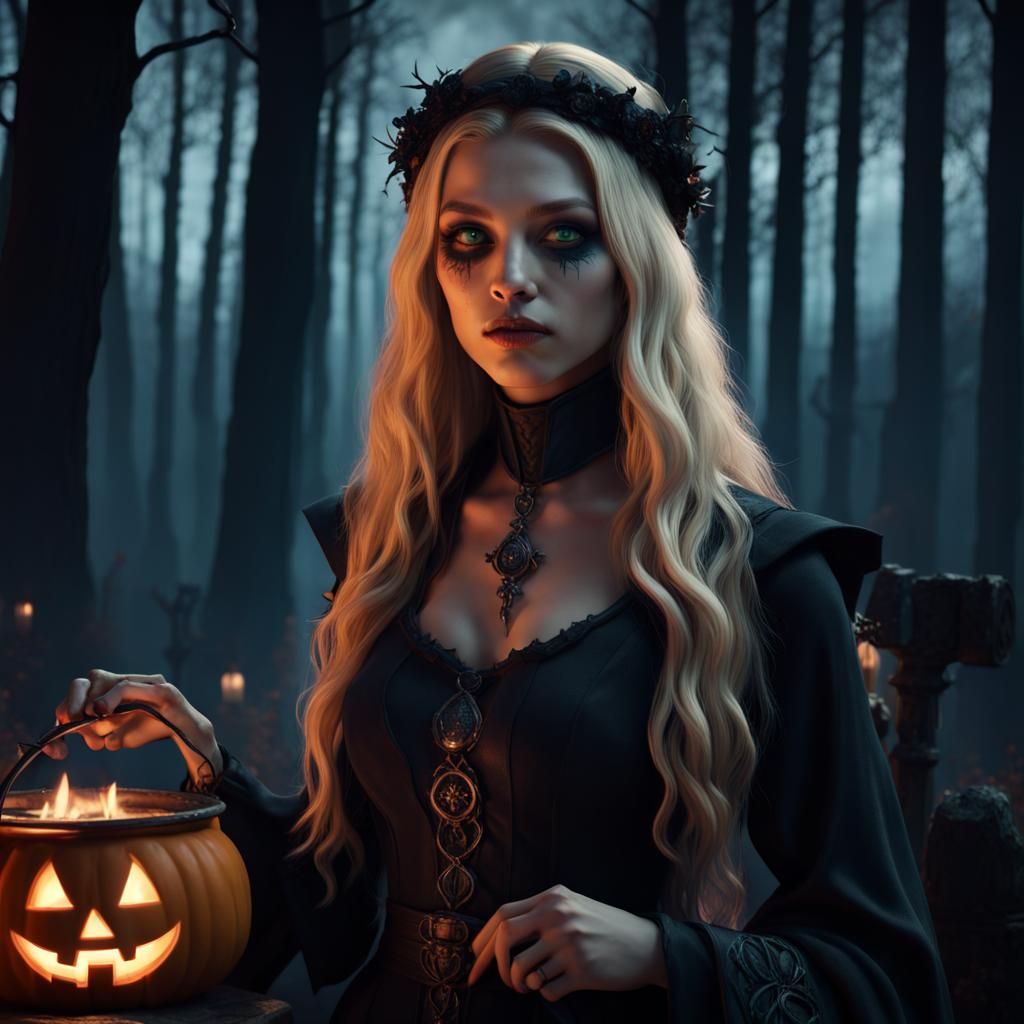 Halloween Witch in Graveyard: Detailed Matte Painting
