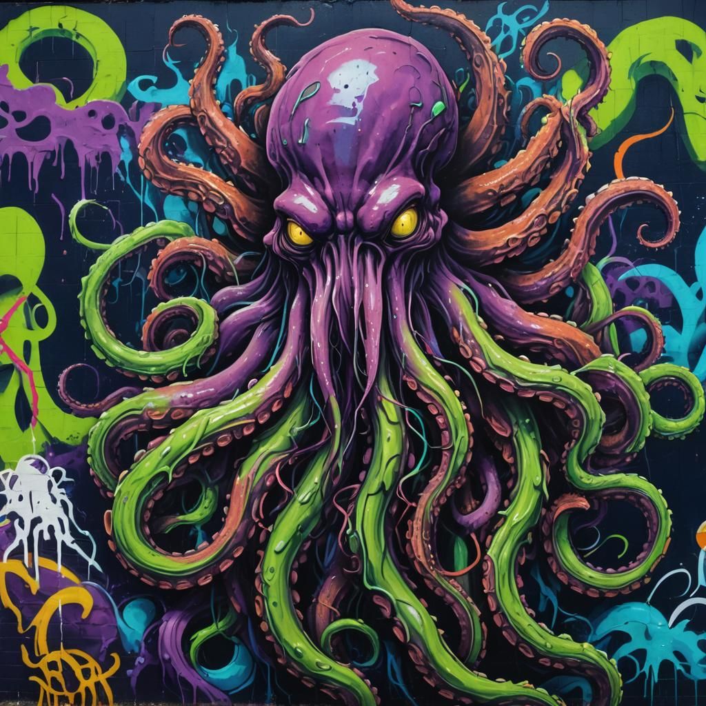 Kraken Emerges from Abyss: Cosmic Horror Graffiti Art