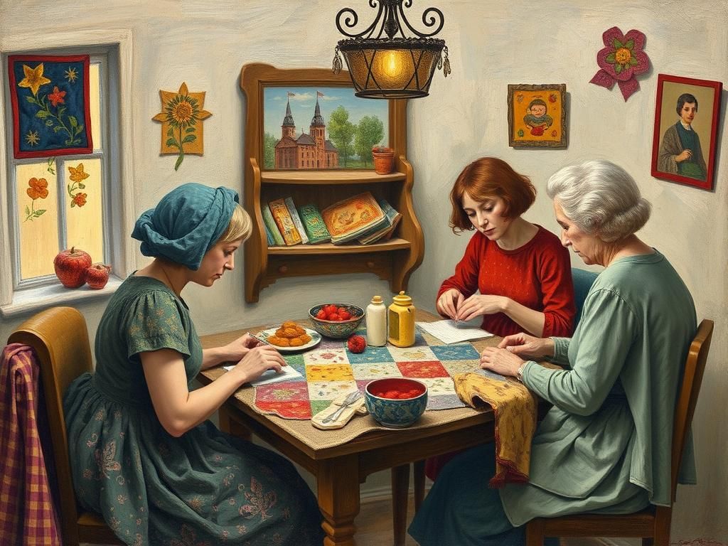 Cozy Patchwork Gathering in Surreal Illustration Style