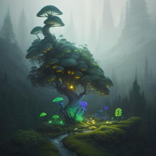 Luminous Mushrooms on Windswept Peak in Dreamlike Ambiance