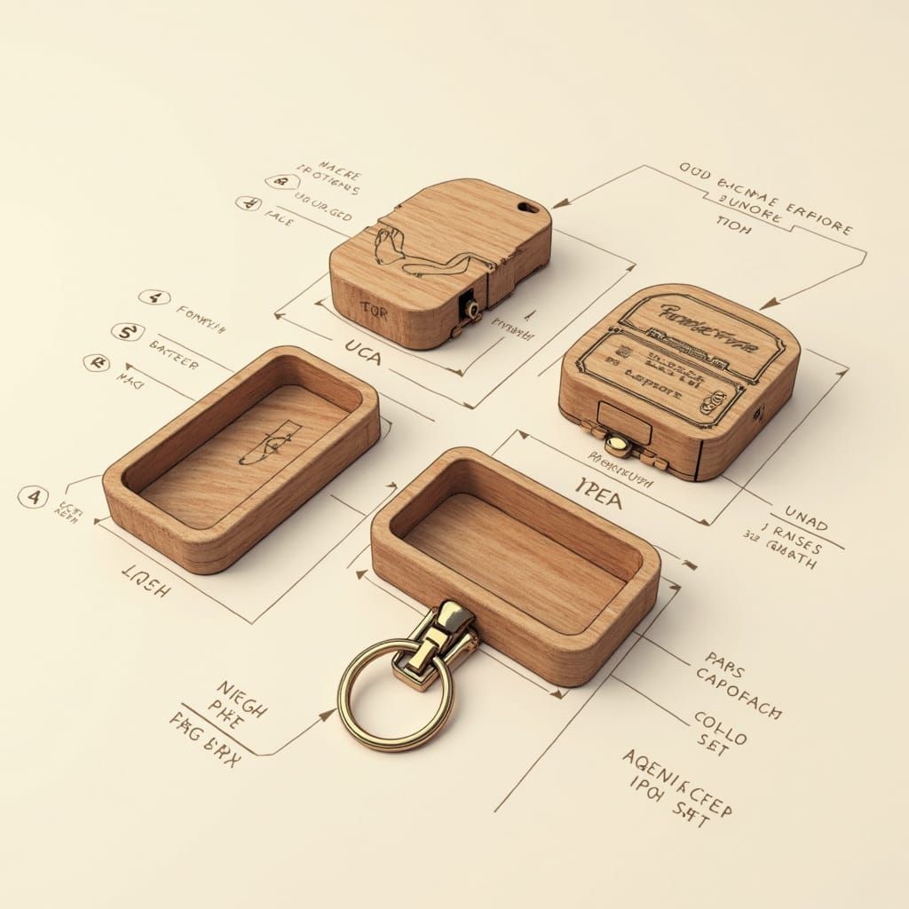 Exploded View of Wooden Key Fob in Technical Drawing Style