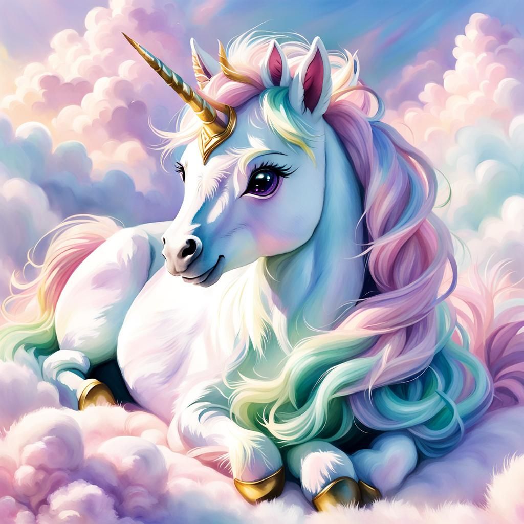 Dreamy Watercolor Baby Unicorn in Fluffy Clouds