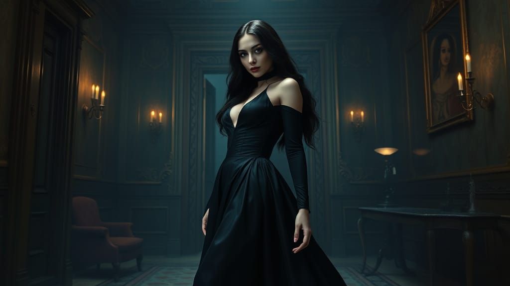 Elegant Morticia Addams in Victorian-Era Mansion