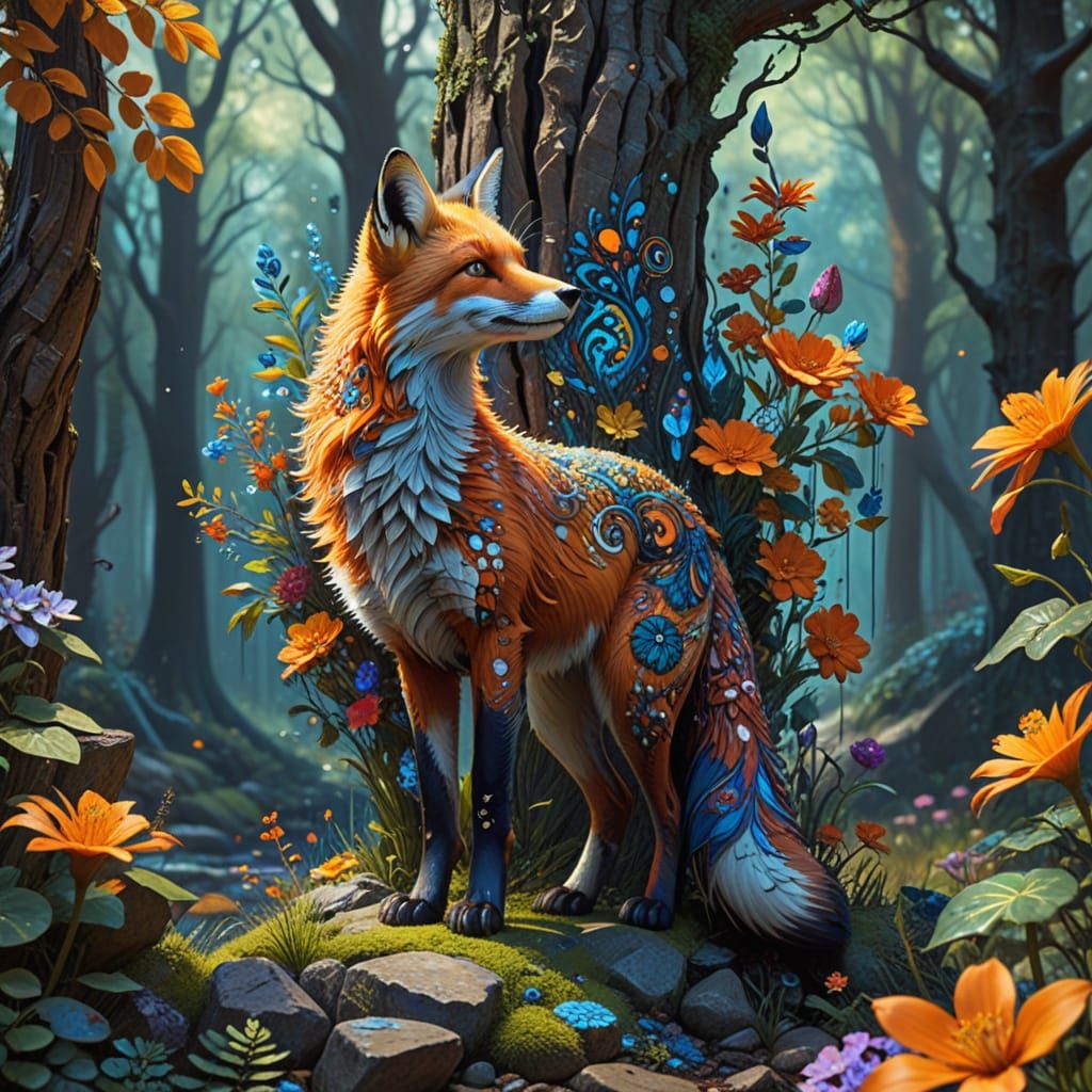 Vibrant Fox in Whimsical Woodland Scene