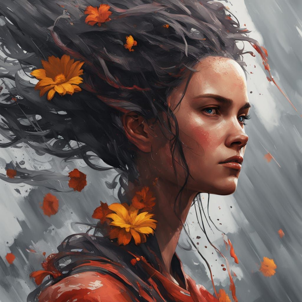 Vibrant Woman in a Rainstorm with Blooming Flowers in a Kale...