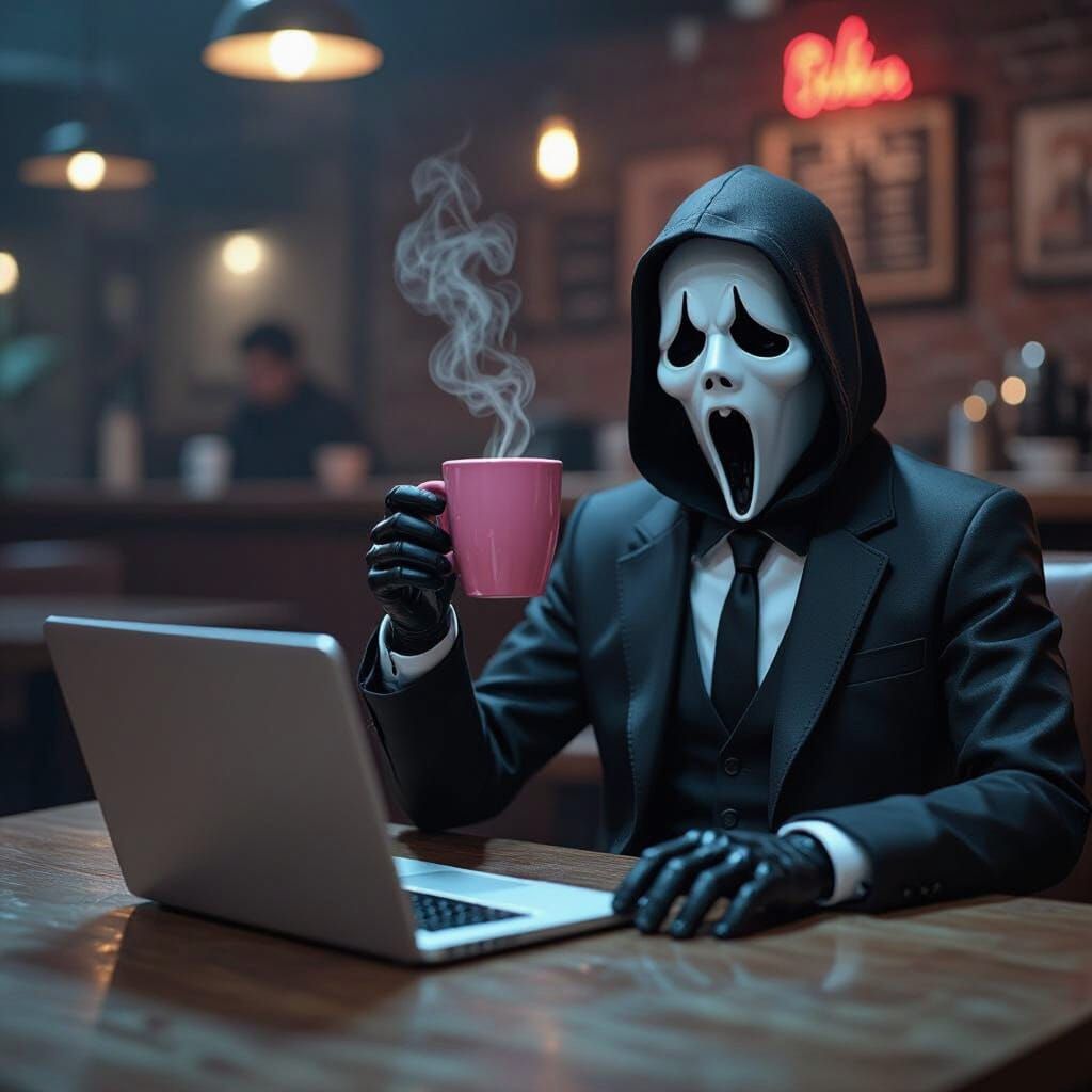 Ghostface in a Suit Works in a Dark Industrial Cafe