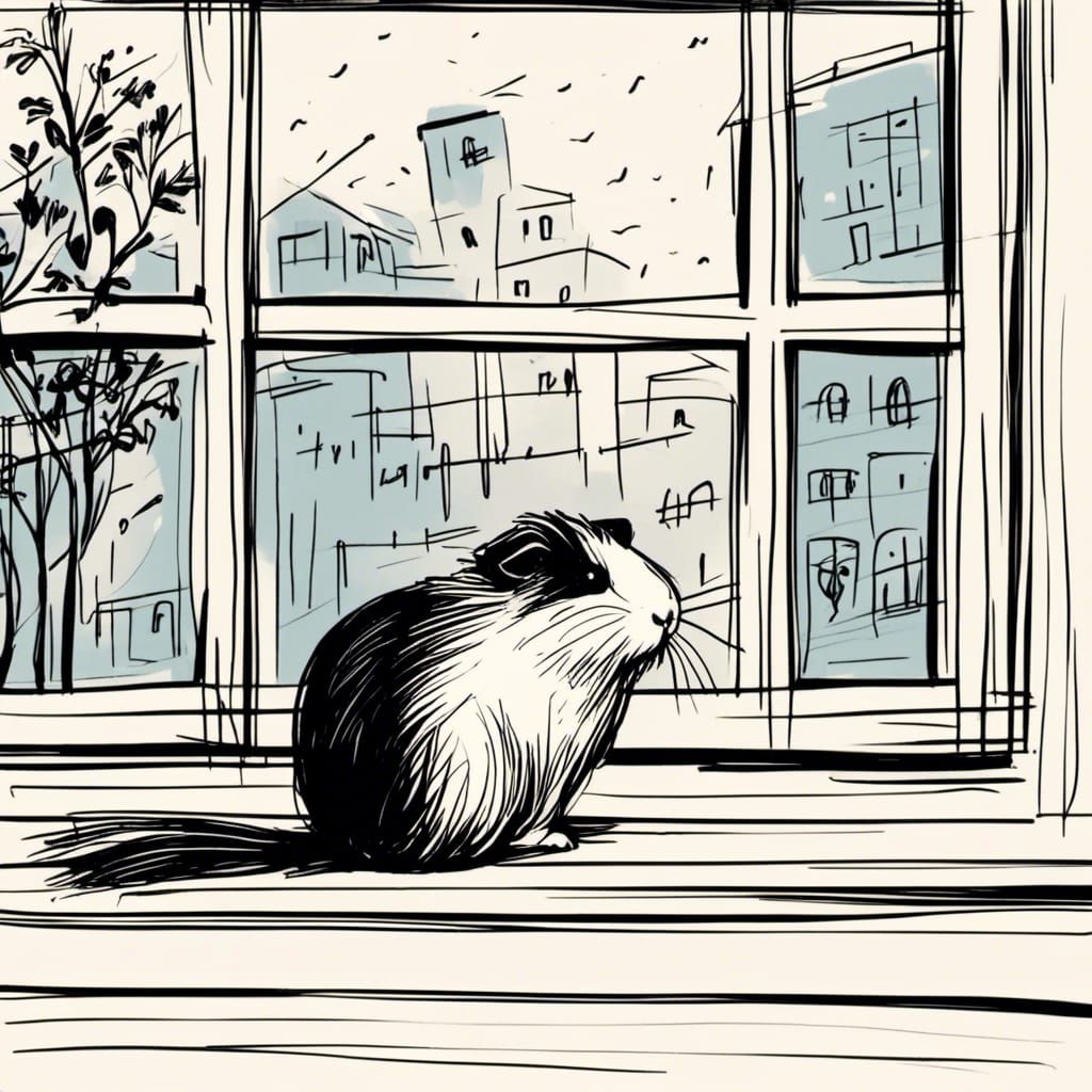 Guinea Pig Girl on Window Sill: Minimalist Sketch