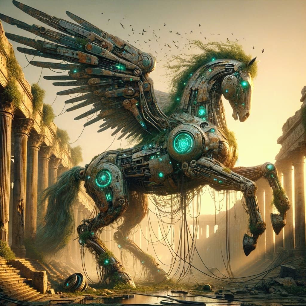 Cyberpunk Pegasus Over Ancient City Ruins