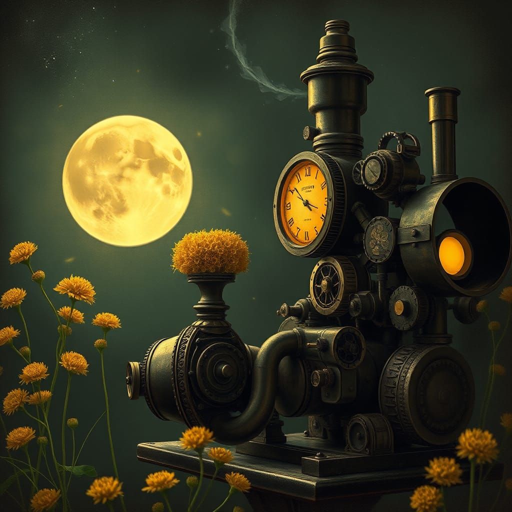 Surreal Steampunk Moonlit Scene with Goldenrod