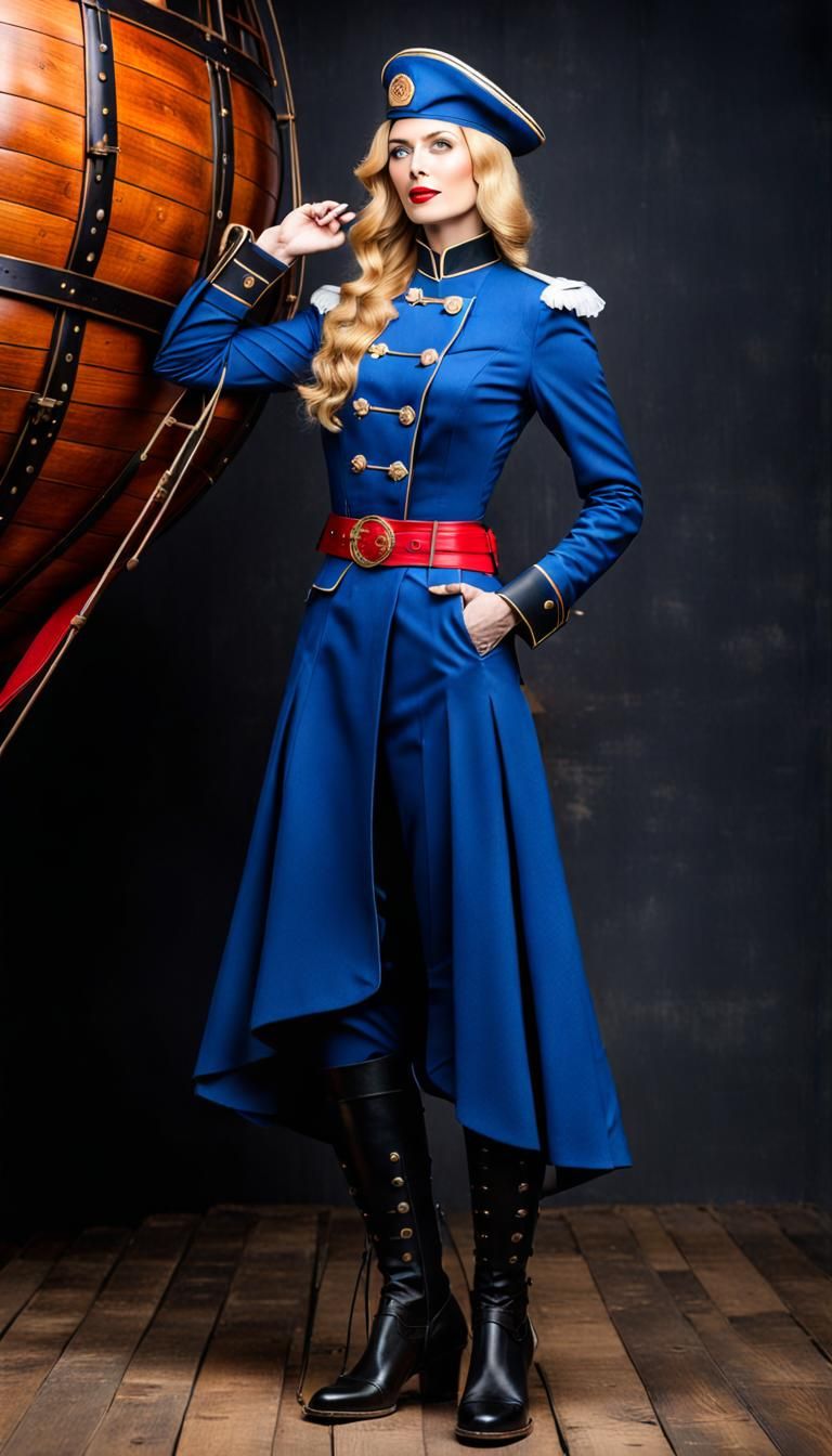 Victorian Woman in Blue Uniform Before Airship Gondola
