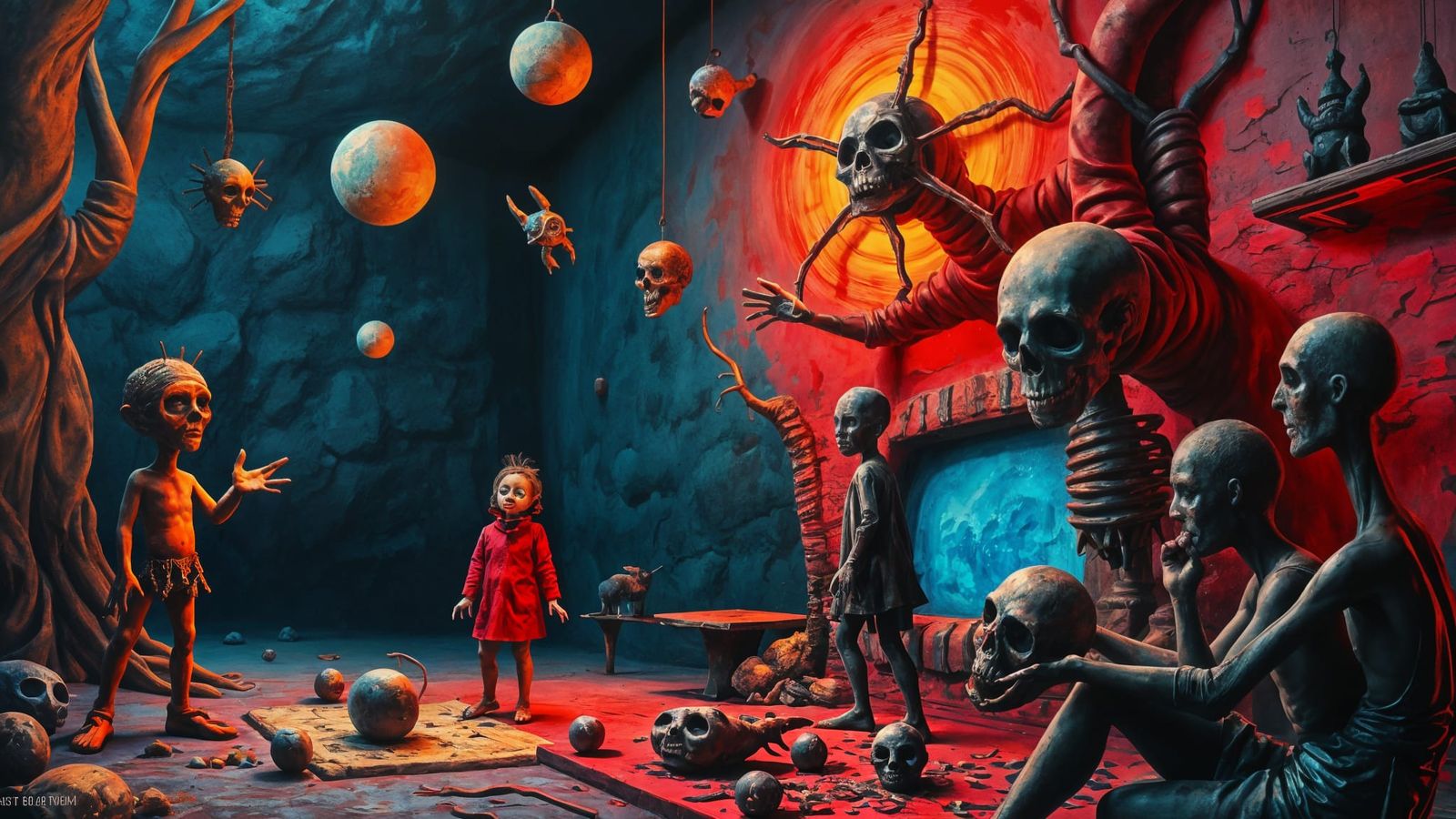 Surreal Tableau With Strange Figures in Electric Colors
