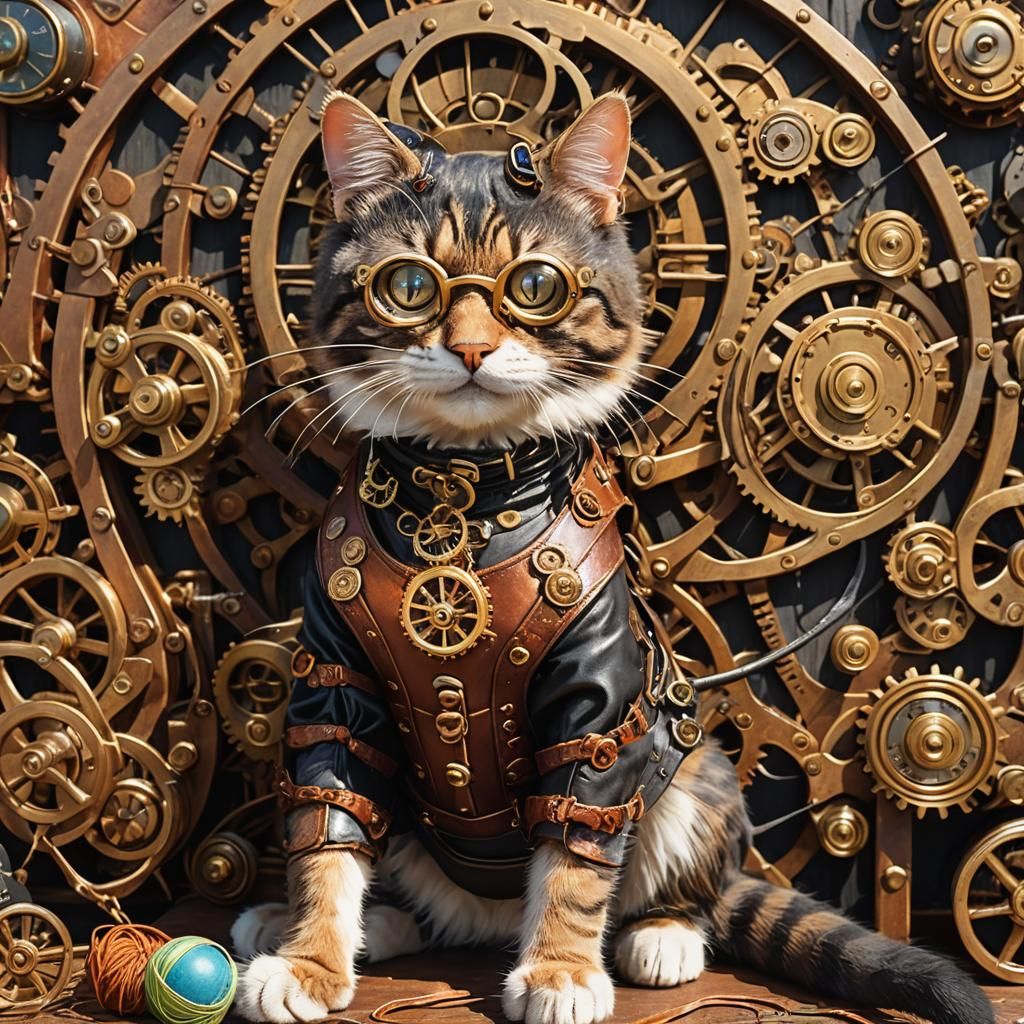 Steampunk Cat with Engine in Warm Sunlight
