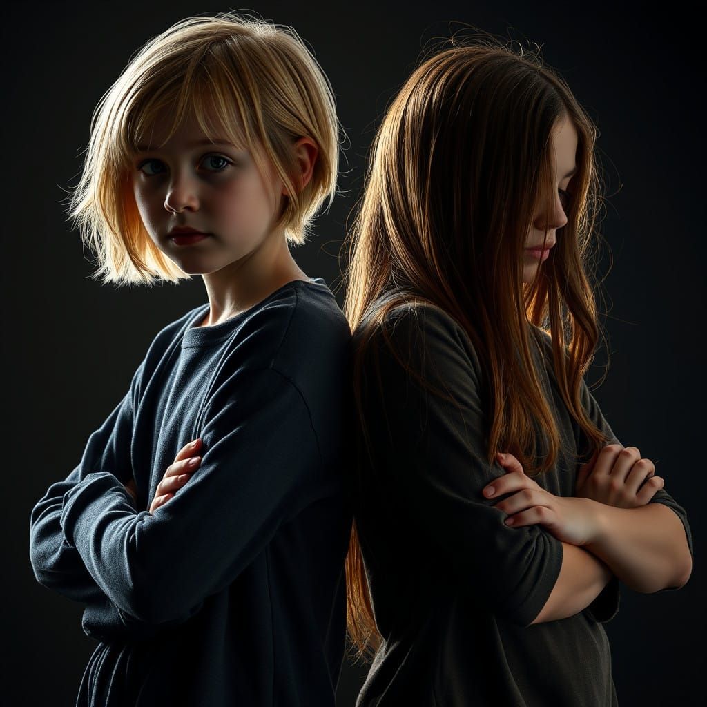 Sisters Embracing in Moody Light