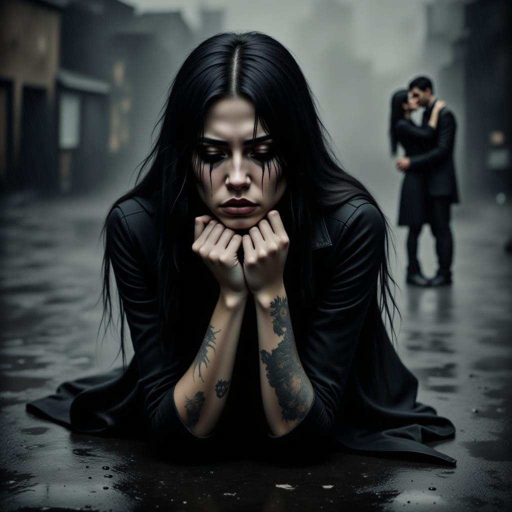 Sorrowful Woman in Rain, Pre-Raphaelite Style