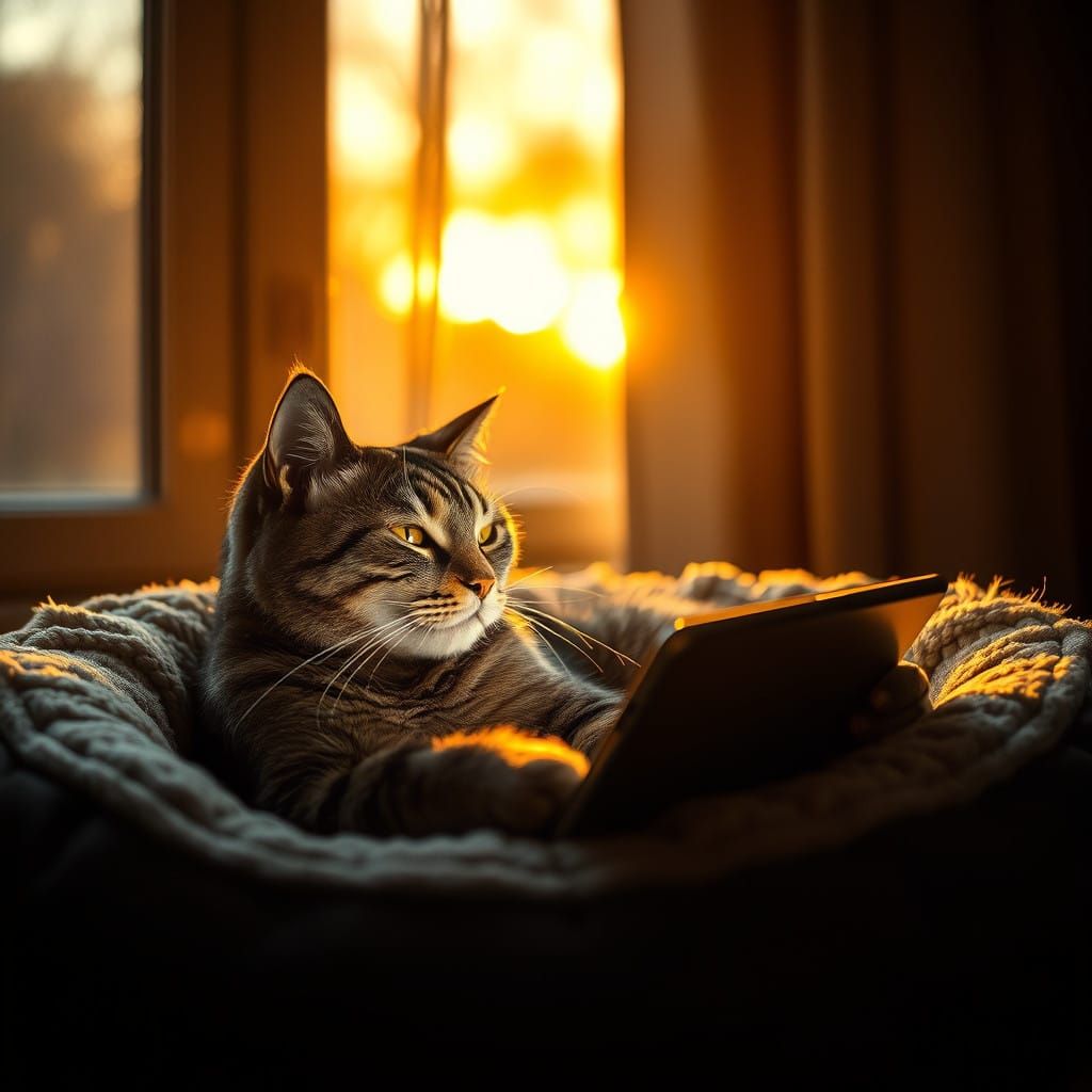 Regal Grey Tabby Cat in Cinematic Sunset Glow