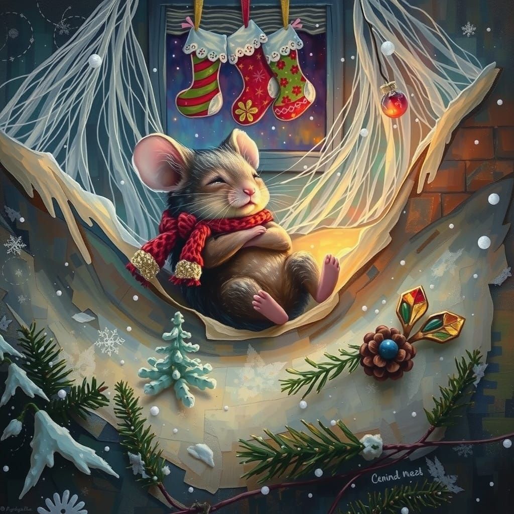 Cozy Winter Wonderland Scene in Mixed Media Art