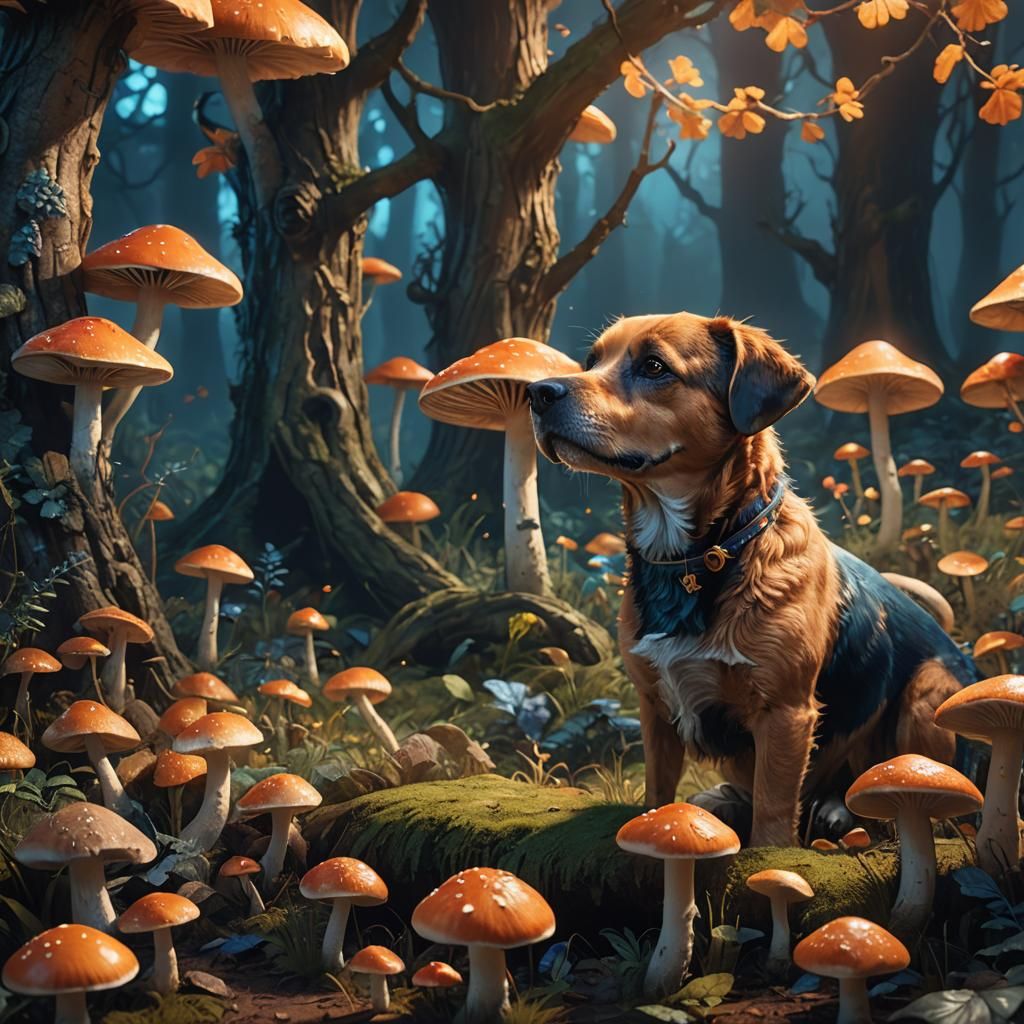 Dog Gazing into Mushroom: Fantasy Concept Art