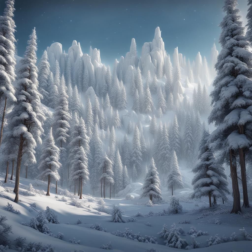 Snowy Pine Forest in Detailed Matte Painting Style
