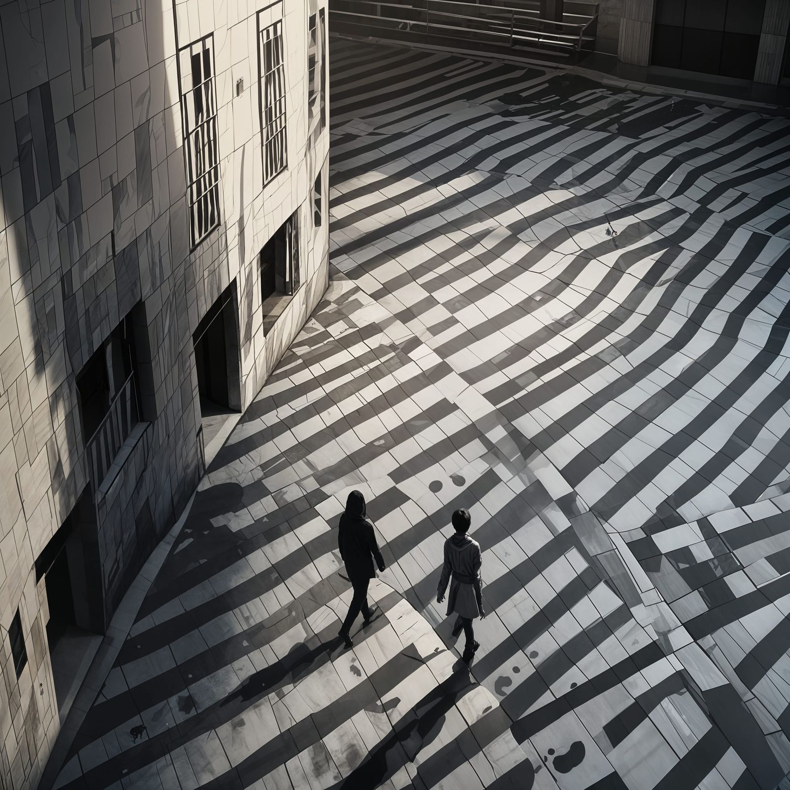 Cinematic Film Still of Person by Striped Building