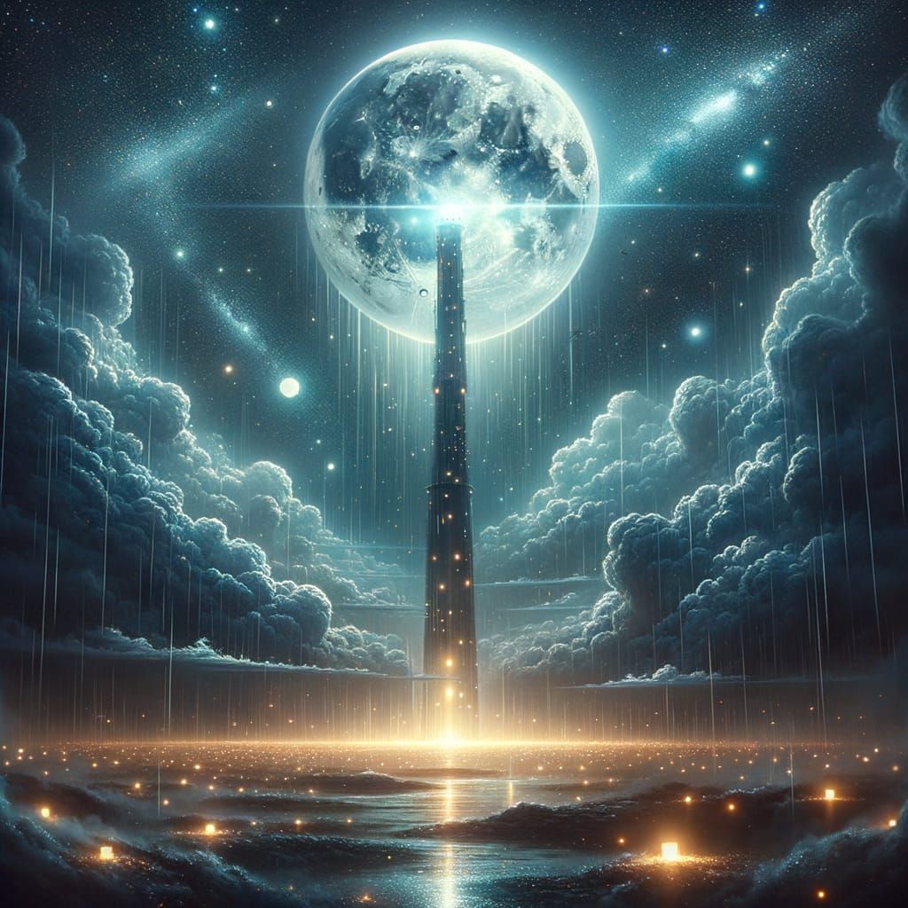 Ethereal Moonlit Night with Beacon and Rain