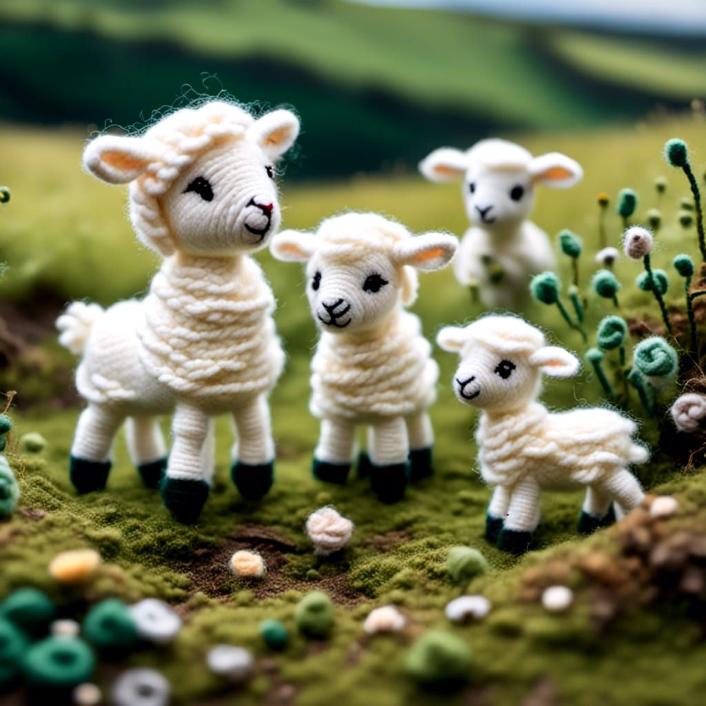 Adorable Chibi Yarn Lambs on Wool Hillside