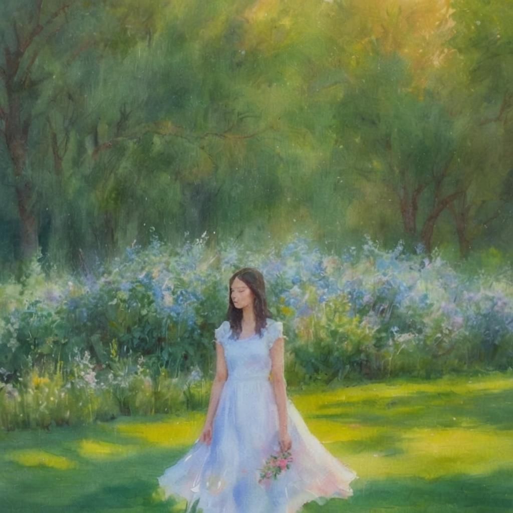 Impressionist Watercolor Portrait of Woman with Flowers