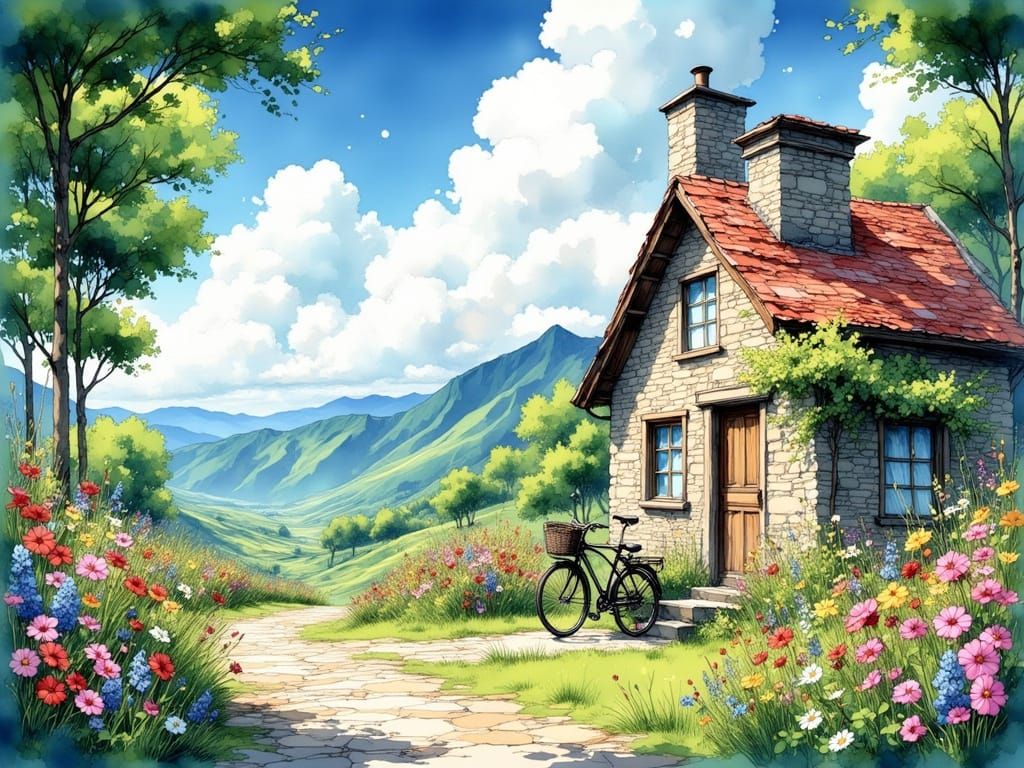 Anime Style Cottage in Tranquil Valley Landscape