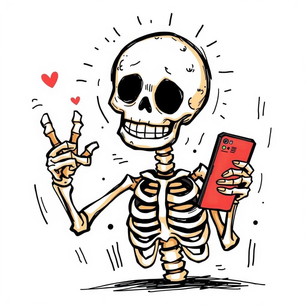 A playful hand-drawn sketch of a skeleton holding a smartphone, making a peace sign