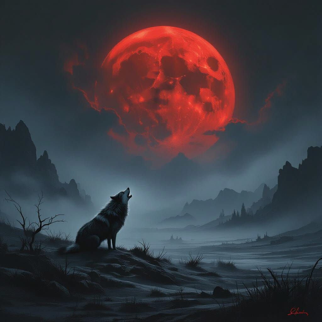 Eerie Wolf Howling at Blood Moon in Gothic Landscape