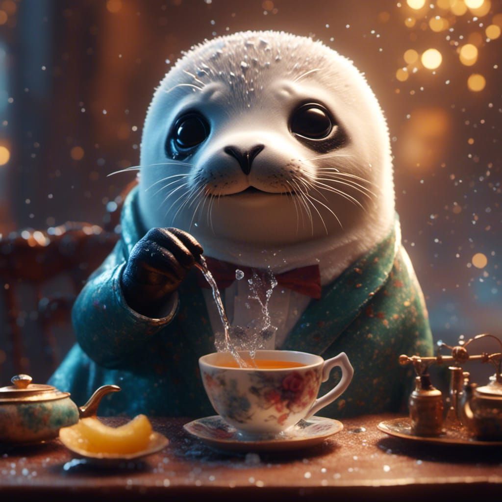 Dapper Baby Seal Enjoying Tea in Splash Art Style