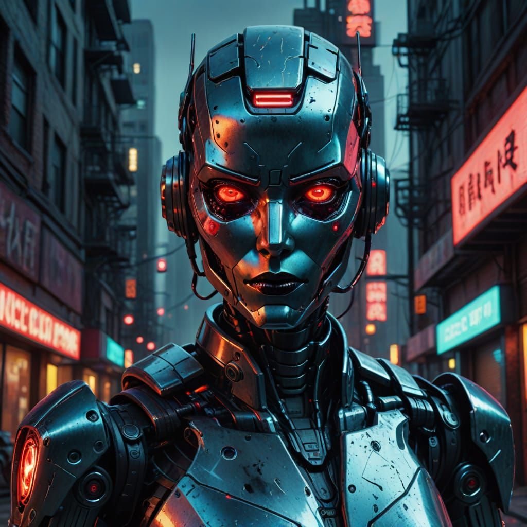 Female Robot Gangster in Neon-Lit Dystopian City
