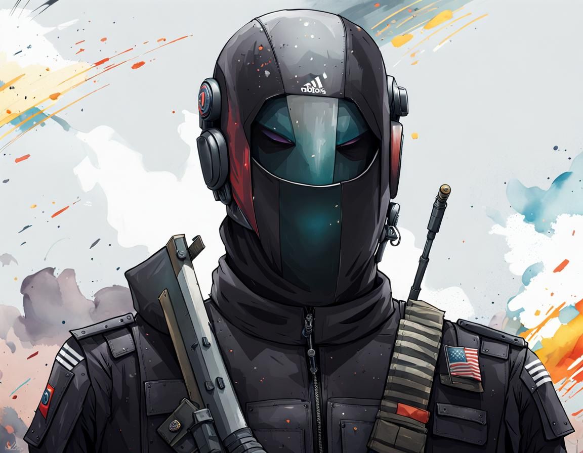 Armored Soldier Waving Flag in Watercolor Physcopunk Style