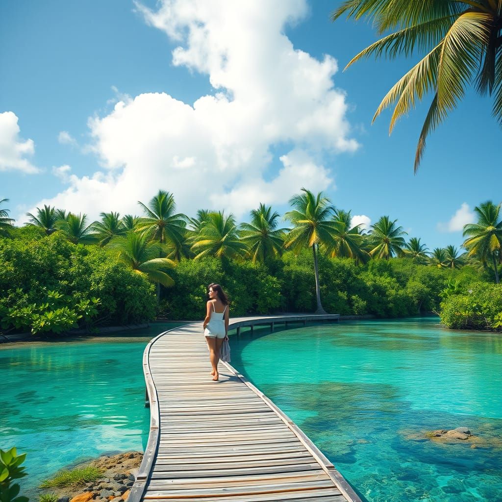 Tropical Paradise: Serene Woman on Boardwalk
