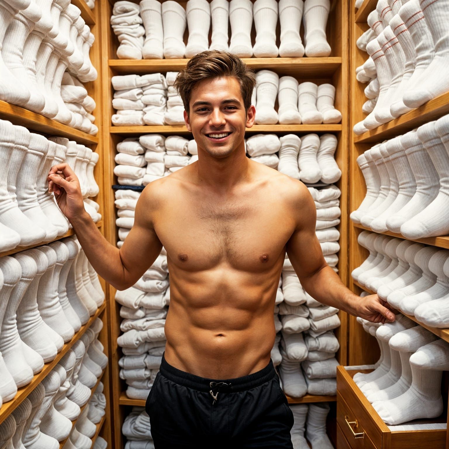 Young Man Showcases Vibrant White Sports Socks in a Chic Set...