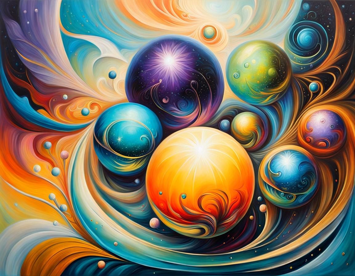 Mystic Orbs in Vibrant Surreal Oil Painting