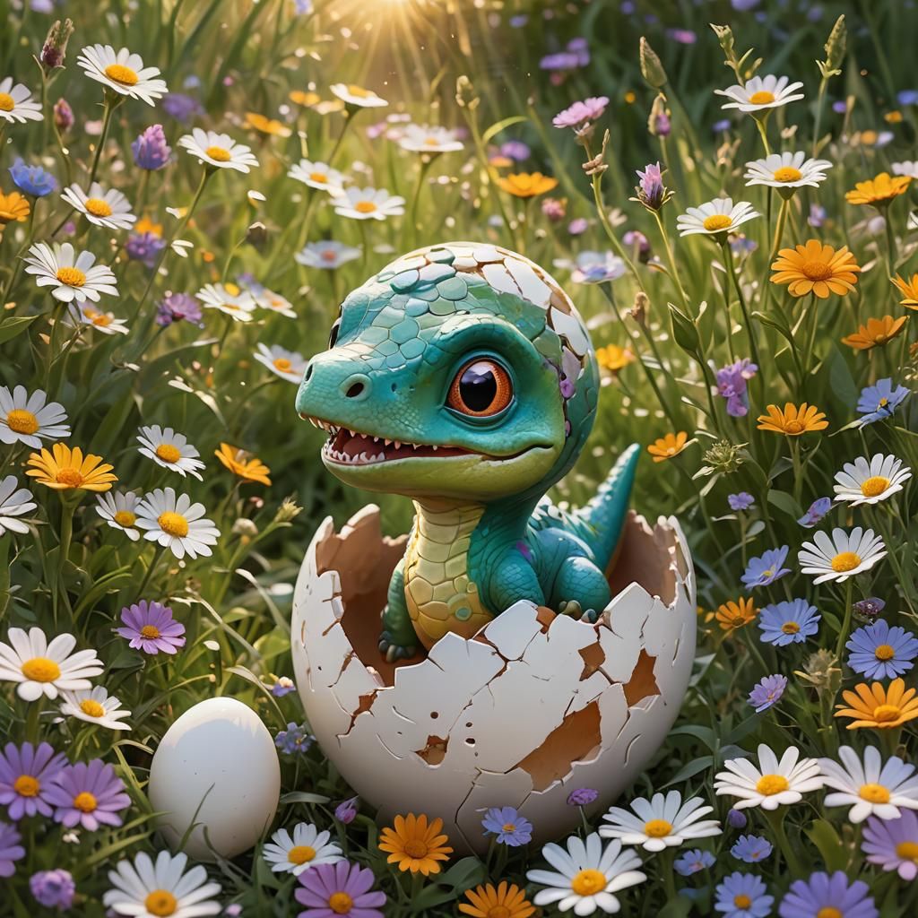 Pixar-Style Baby Dinosaur Unfurls in a Field of Wildflowers
