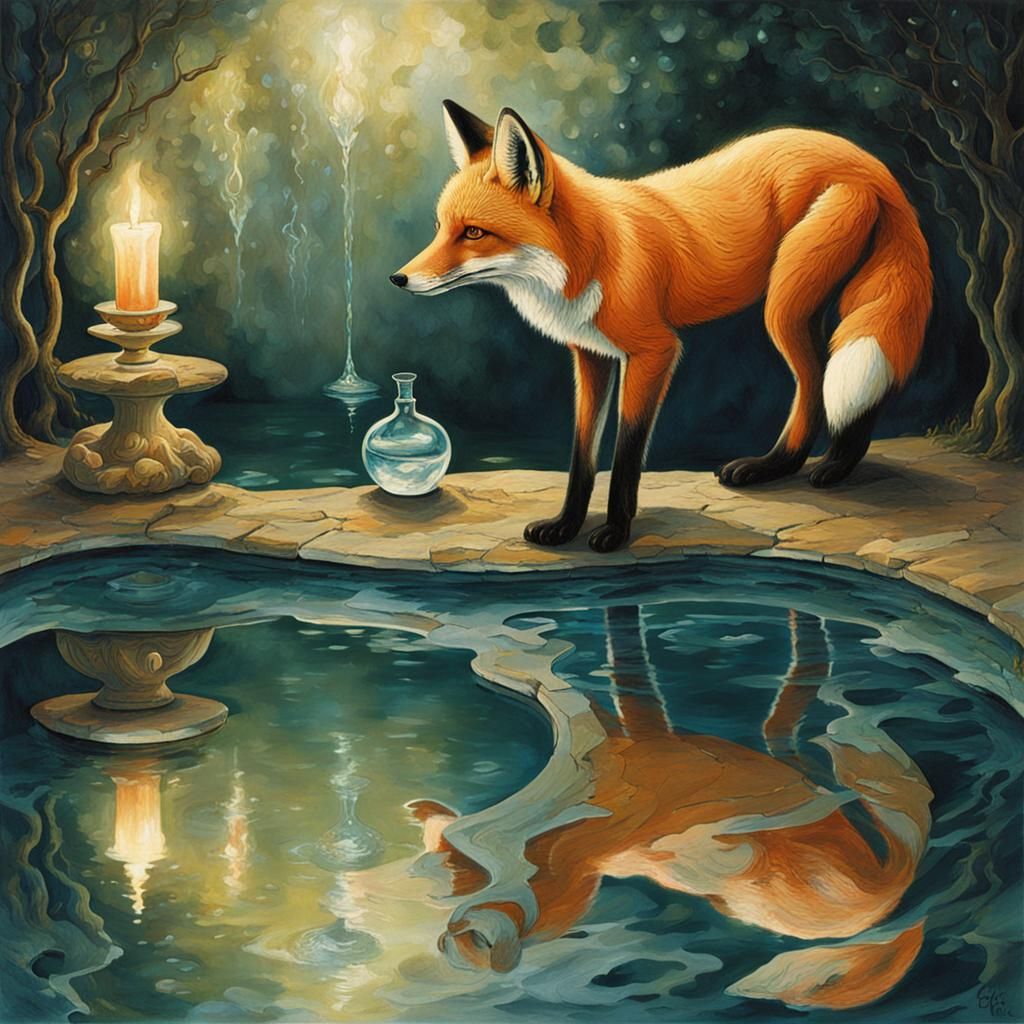 Fox in Enchanted Pool Reflects Distorted Image