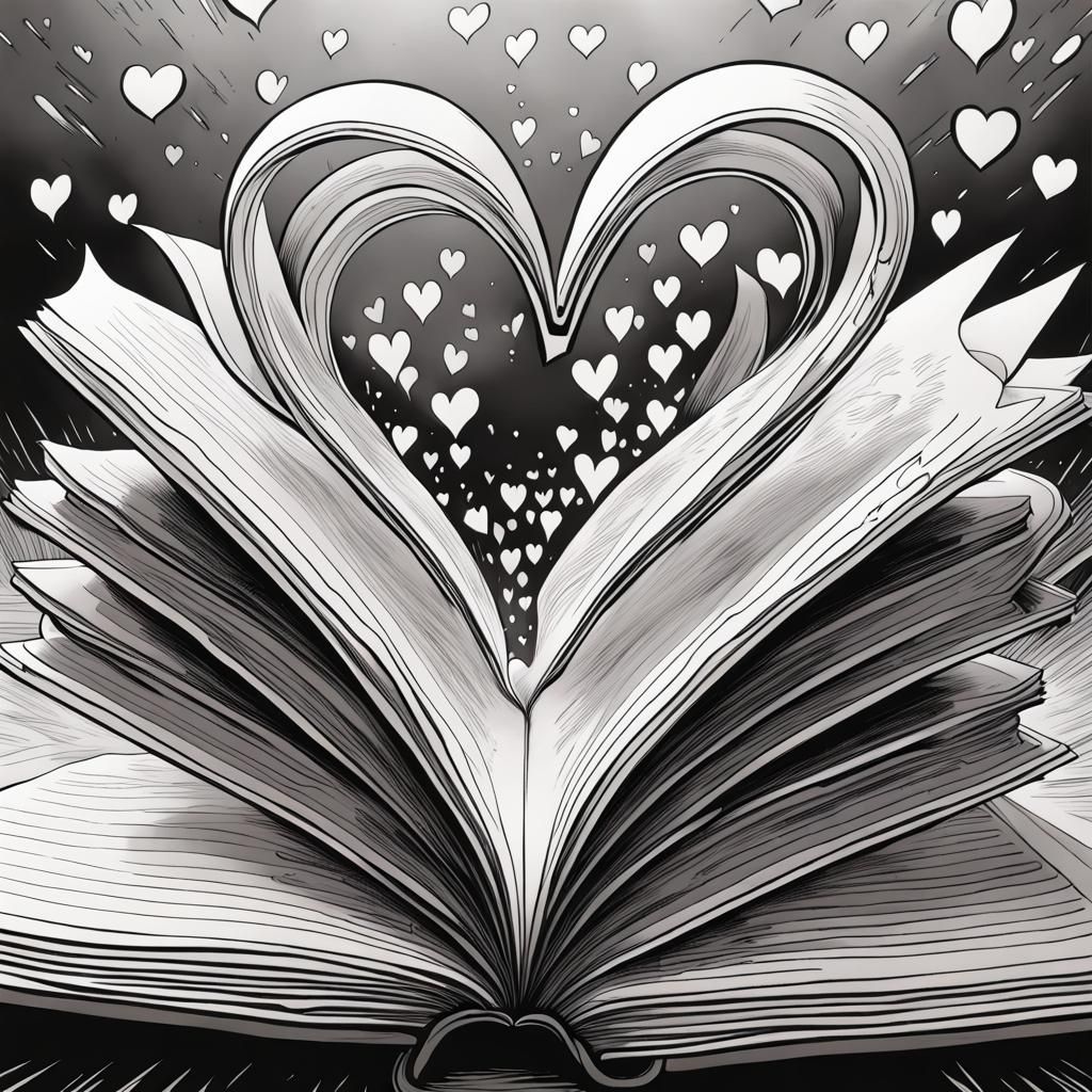 line art open book with hearts emerging from it, black and white